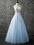Long Charming Blue Strapless Sleeveless A-Line Sweetheart Tulle Prom Dresses With Appliques RJS936