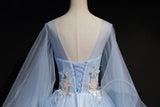 Long Puff Sleeves Light Blue Scoop Tulle Prom Dresses Appliques Ball Gown Quinceanera Dresses Rjerdress