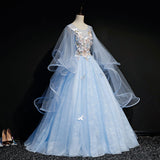 Long Puff Sleeves Light Blue Scoop Tulle Prom Dresses Appliques Ball Gown Quinceanera Dresses