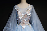 Long Puff Sleeves Light Blue Scoop Tulle Prom Dresses Appliques Ball Gown Quinceanera Dresses Rjerdress
