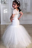Long Short Sleeves Mermaid Lace Appliques Tulle Flower Girl Dress Wedding Party Rjerdress