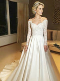 Long Sleeve A-Line Off The Shoulder Wedding Dresses A Line Satin Court Train Rjerdress