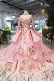 Long Sleeve Ball Gown High Neck With Lace Applique Beads Lace up Quinceanera Dresses Rrjs793