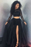 Long Sleeve Black Two Piece Prom Dresses with Lace Tulle Evening Dresses with Tulle P1065