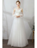 Long Sleeve Floral Lace Boho Tulle Wedding Dresses
