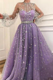 Long Sleeve High Neck Satin Lace A-Line Floor Length Prom Dress With Belt Rjerdress