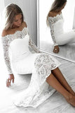 Long Sleeve Lace Appliques Sheath White Prom Dresses Off the Shoulder Rjerdress