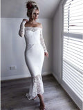Long Sleeve Lace Appliques Sheath White Prom Dresses Off the Shoulder Rjerdress