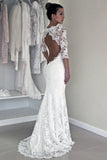 Long Sleeve Lace Open Back Mermaid Long Custom Affordable Wedding Dresses UK Rjerdress
