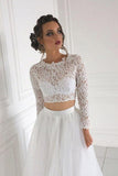 Long Sleeve Lace Round Neck Ivory Boho Wedding Dresses with Tulle Beach Bride Dresses W1025 Rjerdress