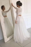 Long Sleeve Lace Round Neck Ivory Boho Wedding Dresses with Tulle Beach Bride Dresses W1025