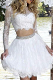 Long Sleeve Lace White Two Pieces Beads Homecoming Dresses Scoop Short Prom Dresses H1174 Rjerdress