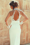 Long Sleeve Mermaid High Neck Lace Appliques Open Back Ivory Long Wedding Dresses Rjerdress