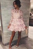 Long Sleeve Pink Above Knee Lace High Neck Homecoming Dress Short Cocktail Dresses RJS764