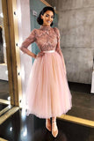 Long Sleeve Pink High Neck Ankle Length Homecoming Dresses Beads Tulle Short Dress H1102 Rjerdress