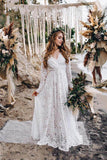 Long Sleeve Rustic Wedding Dresses Lace Appliqued Beach Wedding Dress