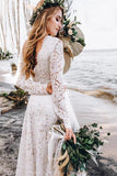 Long Sleeve Rustic Wedding Dresses Lace Appliqued Beach Wedding Dress Rjerdress