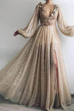 Long Sleeve Sequin V Neck Prom Dresses with Split Handmade Flowers Evening Dress RJS800