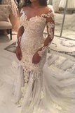 Long Sleeve Sparkly Mermaid V Neck Beads Wedding Dresses With Applique Rjerdress