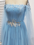 Long Sleeve Tulle Prom Dresses with High Split Beaded Crystal Fashion Evening Dresses Rjerdress