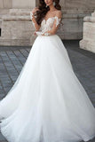 Long Sleeve Tulle White Lace Appliques Wedding Dresses Long Bride Gowns