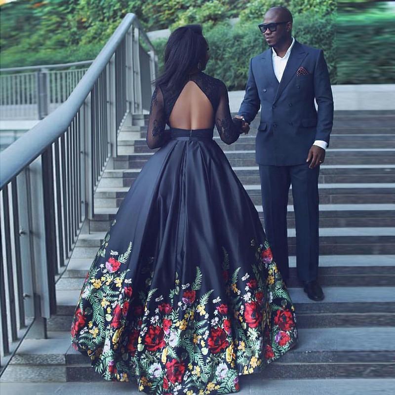 Long Sleeve Two Piece Black Floral Prom Dresses with Beading Lace Even –  Rjerdress