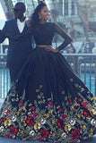 Long Sleeve Two Piece Black Floral Prom Dresses with Beading Lace Evening Dresses RJS757