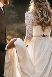 Long Sleeve Two Pieces Lace Round Neck Beach Wedding Dresses Chiffon Boho Bride Gowns Rjerdress
