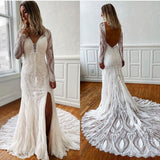 Long Sleeve V Neck Lace Applique Wedding Dresses Vintage Mermaid Slit Wedding Dresses Rjerdress