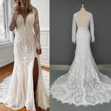 Long Sleeve V Neck Lace Applique Wedding Dresses Vintage Mermaid Slit Wedding Dresses Rjerdress