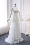 Long Sleeve V Neck Lace Ivory Wedding Dresses V Neck Beach Bride Gown