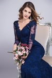 Long Sleeve V-Neck Mermaid Formal Dresses With Applique Lace And Tulle Rjerdress