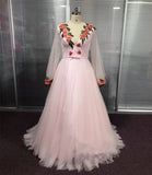 Long Sleeve V Neck Pink Prom Dresses With 3D Floral Pearl Beaded Formal Dresses RJS377 Rjerdress