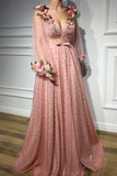 Long Sleeve V Neck Pink Prom Dresses With 3D Floral Pearl Beaded Formal Dresses RJS377