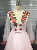 Long Sleeve V Neck Pink Prom Dresses With 3D Floral Pearl Beaded Formal Dresses RJS377 Rjerdress