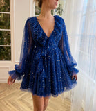 Long Sleeve V Neck Tulle Short Homecoming Dress With Ruffles Rjerdress