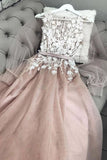 Long Sleeves  A Line Bateau Floor Length Prom Dress With Appliques, Charming Formal Dress