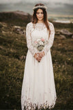 Long Sleeves A-Line/Princess Bateau Appliques Floor-Length Chiffon Wedding Dress Rjerdress