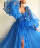 Long Sleeves A Line Tulle Floor-Length Prom Dresses With Slit Rjerdress