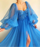 Long Sleeves A Line Tulle Floor-Length Prom Dresses With Slit Rjerdress