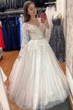 Long Sleeves A Line Wedding Dresses Tulle With Applique And Sash