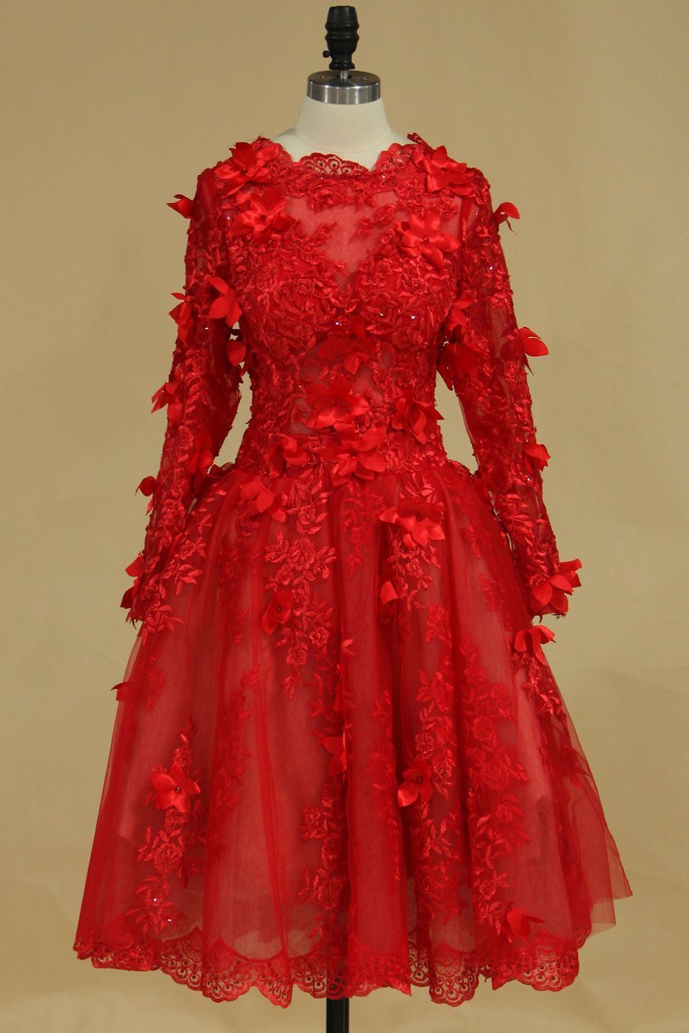 Long Sleeves Bateau Hoco Dresses A Line With Applique Tulle Red Rjerdress