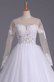 Long Sleeves Bateau Open Back Bridal Dresses Tulle With Applique Rjerdress