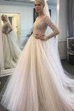 Long Sleeves Bateau Wedding Dresses Tulle A Line With Applique Court Train Rjerdress
