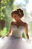 Long Sleeves Beaded Sweetheart Crystals Ball Gown Corset Tulle Wedding Dresses Rjerdress