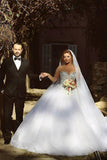Long Sleeves Beaded Sweetheart Crystals Ball Gown Corset Tulle Wedding Dresses Rjerdress