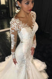 Long Sleeves Court Train Ivory V-Neck Mermaid Tulle Wedding Dress With Lace Appliques Rjerdress