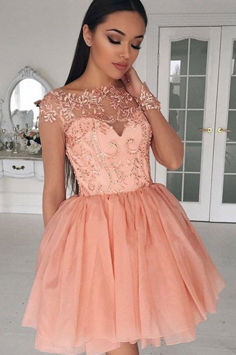 Long Sleeves Homecoming Dresses Scoop Chiffon With Applique Short/Mini Rjerdress
