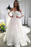 Long Sleeves Ivory Lace Appliques Beads Sweetheart Long Wedding Dresses, A Line Bride Gown