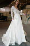 Long Sleeves Ivory Lace Satin Long V-Neck Wedding Dresses Rjerdress